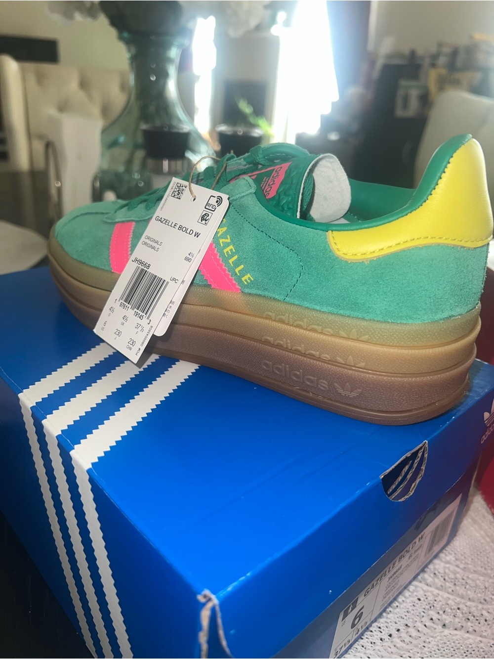 adidas Gazelle Bold W Suede Sneakers in Teal with Pink & Yellow Accents